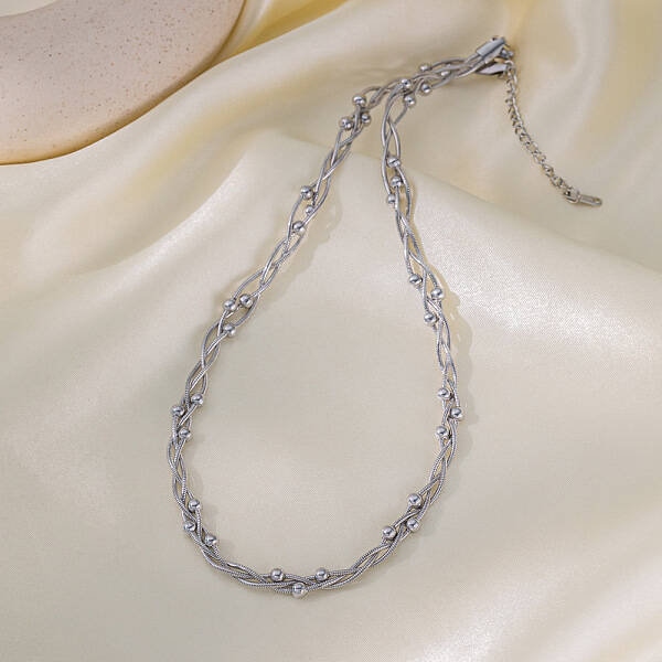 304 Stainless Steel 3 Layer Crossed Round Snake Chain Round Beads Chain Necklaces for Women