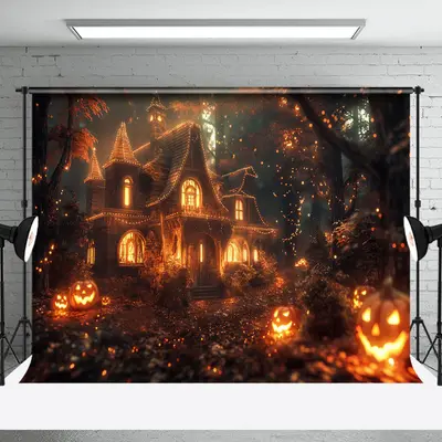 Beaming Pumpkins Castle Forest Halloween Backdrop
