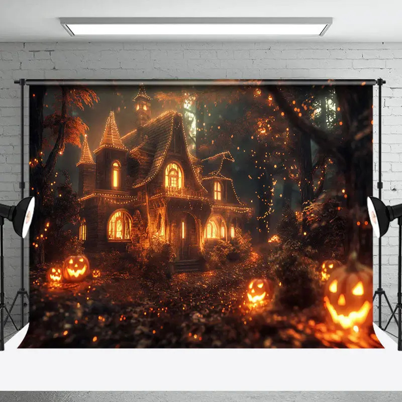 Beaming Pumpkins Castle Forest Halloween Backdrop