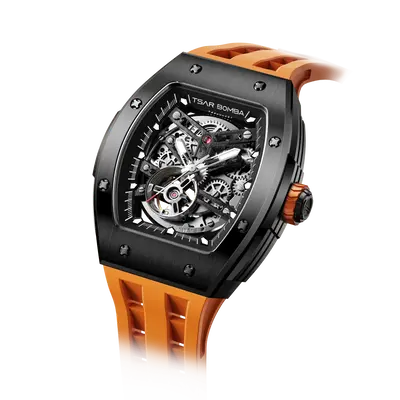 TSAR BOMBA Men's Automatic Watch | Black Orange | Stainless Steel Case | Japanese Mechanical Skeleton Movement | Luxury Sport...
