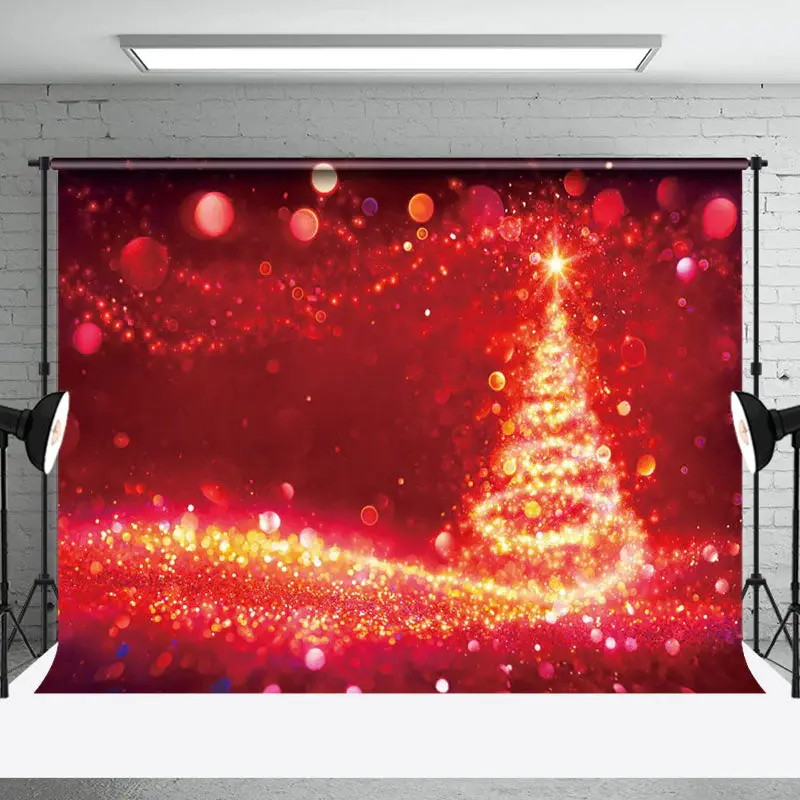 Aperturee Dazzling Red Gold Bokeh Christmas Tree Star Backdrop - Aperturee
