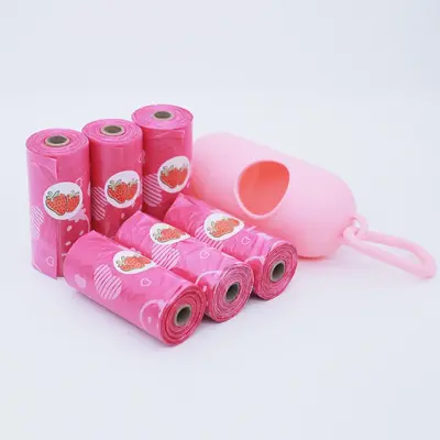 90pcs/6 Rolls Disposable Dog Poop Bag With Dispenser, Strawberry Pattern Pet Waste Bag, Environmentally Friendly Leak Proof D...