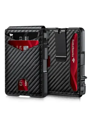 Men's Business Fashion PU Leather Card Holder, Minimalist Wallet with Money Clip & ID Window, RFID Blocking Smart Pop Up Card...