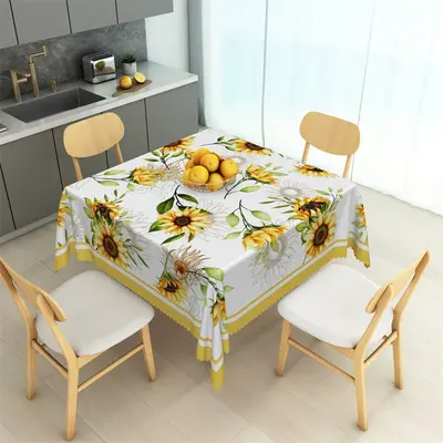 Light Lines Sunflower Green Leaves Square Tablecloth - Aperturee
