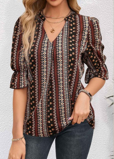 Modlily Multi Color Ruched Tribal Print Half Sleeve Blouse - XL