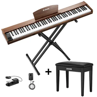 Donner DEP-1S Beginner Digital Piano Kit - Antique Brown / Piano+Black Bench