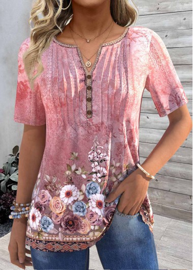 Modlily Pink Tuck Stitch Floral Print Short Sleeve T Shirt - M