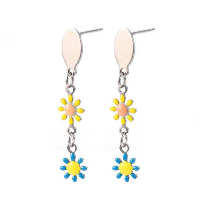 Flower Enamel Long Dangle Stud Earrings