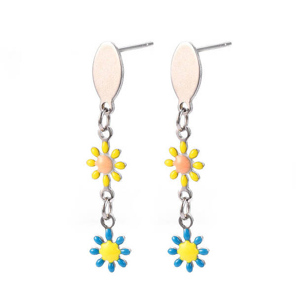 Flower Enamel Long Dangle Stud Earrings
