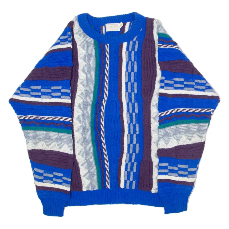 Vintage CHAPEL HILL Mens Patterned Jumper Blue Crazy Pattern Crew Neck 90s Chunky Knit L