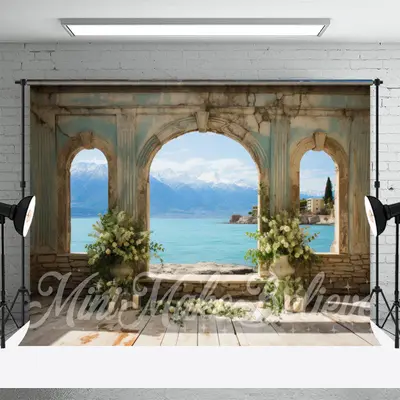 Floral Arch Door Seaside Photo Retro Wall Backdrop - Aperturee