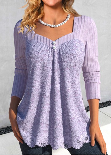 Modlily Light Purple Lace Long Sleeve Heart Collar T Shirt - M