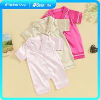 Outdoorfun Baby Girls Summer Jumpsuit Pajama Short Sleeve Lapel Solid Color Button Up Sleepwear