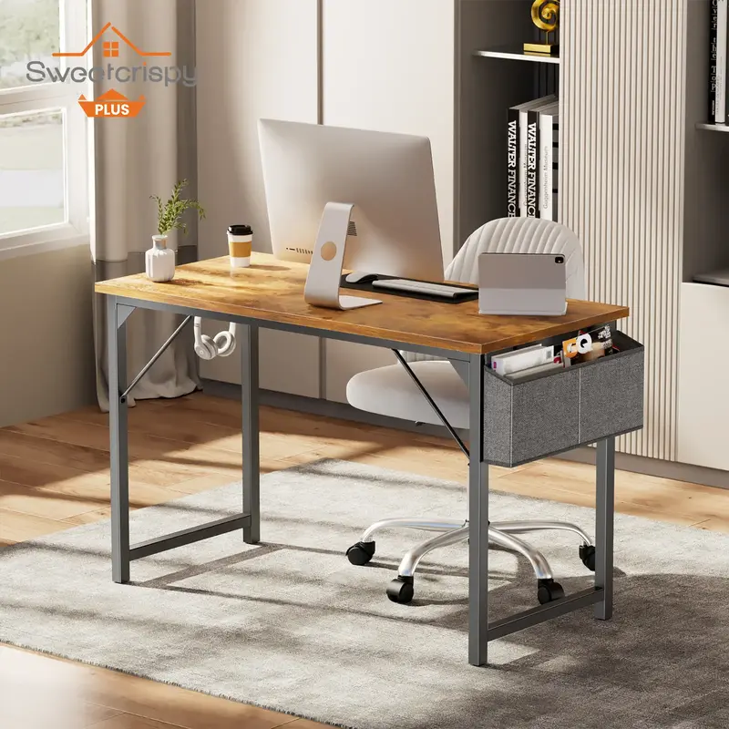 Small Computer Desk Home Office Modern Simple Style Table with Storage Bag & Headphone Hooks for Children Student Work Study ...