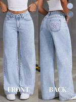 Women's Bow Embroidery Button Fly Straight Leg Jeans, Casual Comfy Loose Fit Pocket Denim Pants for Daily Wear, Chic Ladies B...