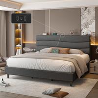 【dealsforyoudays】Raybee Bed Frame Upholstered Headboard Height Adjustable Wavy Line Top Storage Shelf & USB Type-C Chargi...