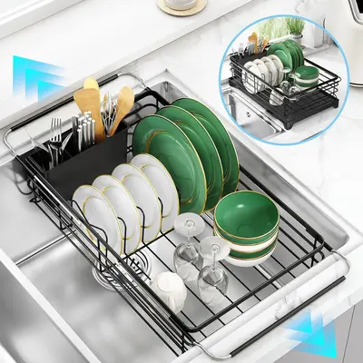 AISOON Extendable Dish Drying Rack in Sink Stainless Steel Racks for Kitchen Counter with Removable Utensil Holder Black Orga...