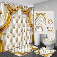 Luxury Bathroom Curtain Set, 1 Shower Curtain & 1 Toilet U-shape Mat & 1 Rectangular Mat & 1 Toilet Lid Cover, Bathroom Decor...