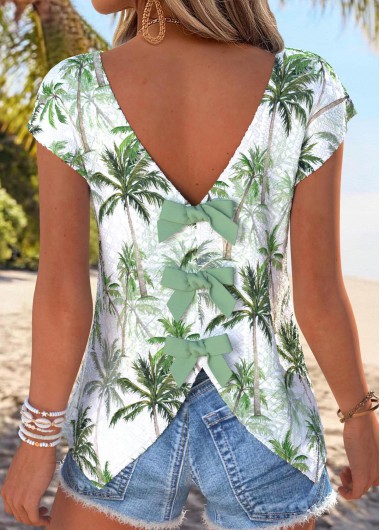 Modlily Light Green Tummy Coverage Tropical Plants Print T Shirt - XL