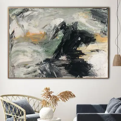 Large Abstract Painting Canvas Neutral Wall Art Pour Painting on Canvas Black Splash on Canvas Contemporary Wall Art Luxury P...