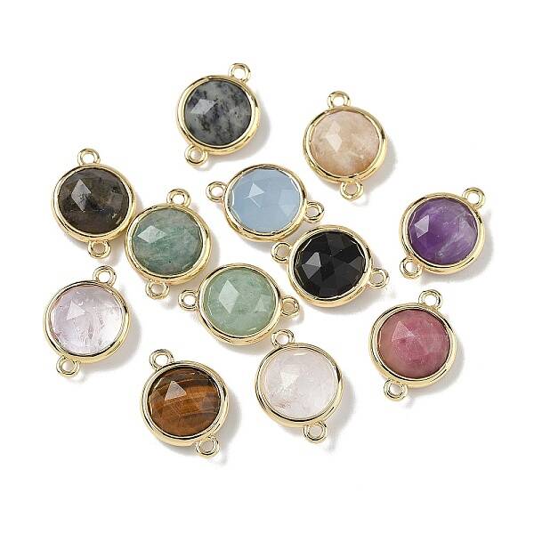 Brass Pave Natural Mixed Stone Faceted Flat Round Connector Charms