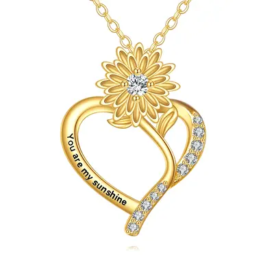 14K Gold Personalized Engraving Sunflower Heart Necklace for Women