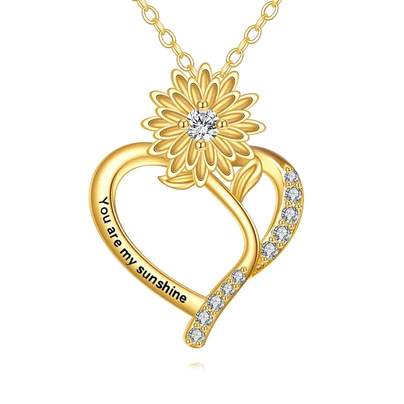14K Gold Personalized Engraving Sunflower Heart Necklace for Women