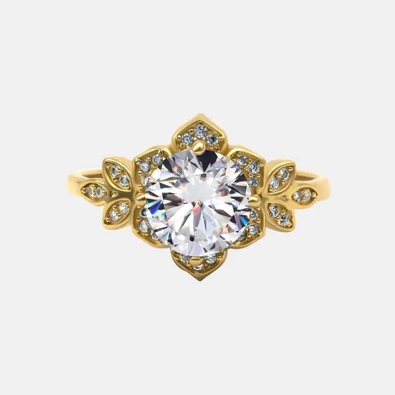 【436】Heavenly Romance Yellow Colour Plated 2 Carat Synthetic Moissanite Lotus Set Ring - Vintage Wedding/Anniversary ...