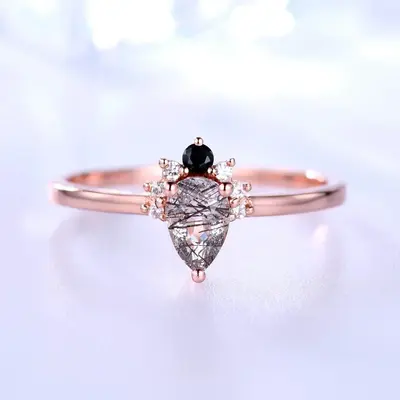 14K/18K  Cluster Black Rutilated Quartz Diamond Engagement Rings