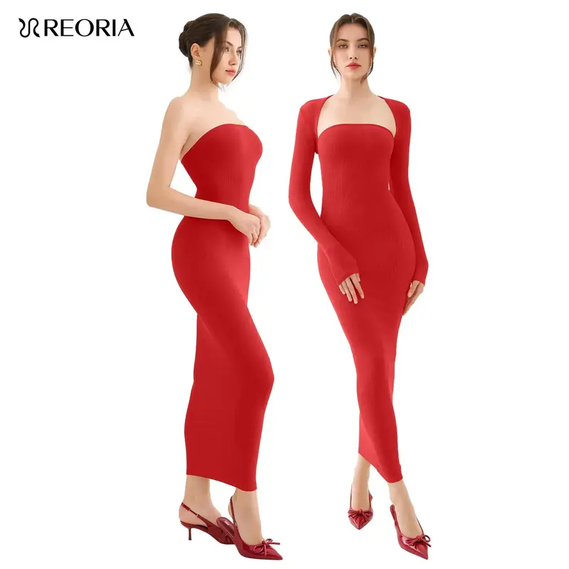 REORIA Fallfreshness Womenswear Women's Clothes Sexy Strapless Bodycon Fashion Maxi Dress & Long Sleeve Bolero Shrug Going Ou...