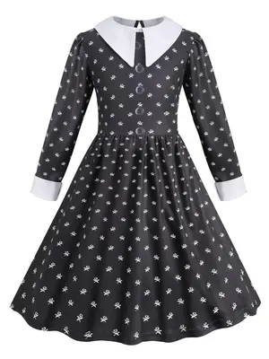 Girls Ditsy Floral Print Long Sleeve Collar Dress, Elegant Fashion Casual Button Decor A Line Dress for Daily Outdoor Wear, G...