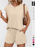 Women's Solid Curved Hem Tee & Drawstring Waist Shorts Set, Casual Cap Sleeve T-shirt & Pocket Shorts, Ladies Sleepwear for S...