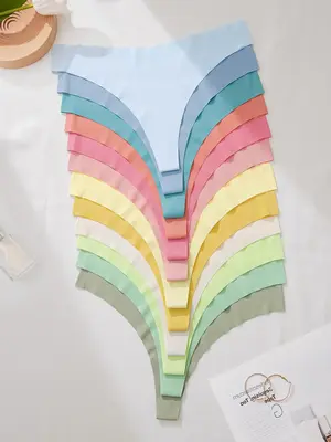 Women's Solid Scallop Trim Thong, Soft Comfy Breathable Seamless Drop Waist Panties for Daily Wear, Ladies Underwear for All ...