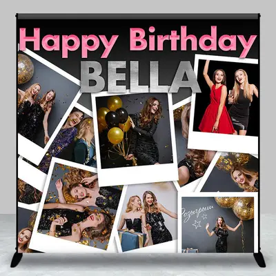 Custom Photo Name Black Pink Happy Birthday Backdrop