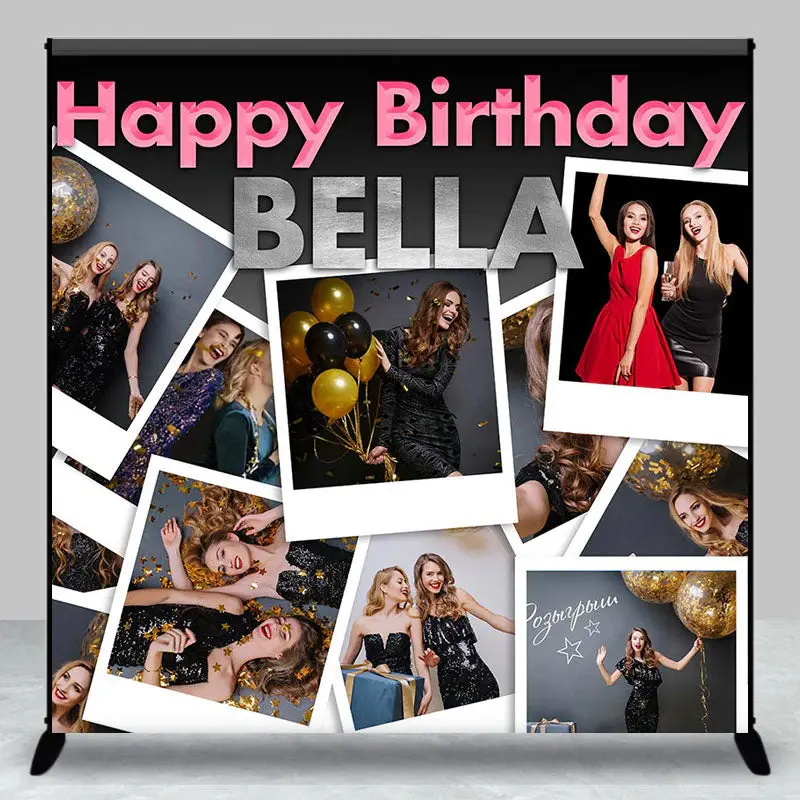 Custom Photo Name Black Pink Happy Birthday Backdrop