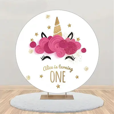 White Pink Gold Unicorn Round 1st Birthday Backdrop - Aperturee