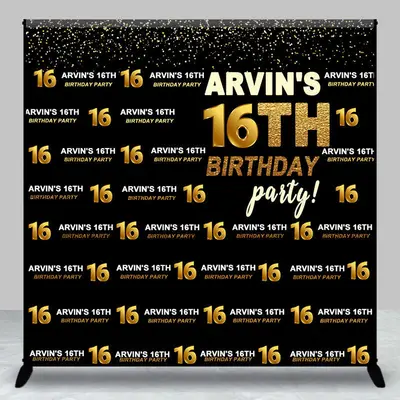 Black Gold Glitter Custom 16th Birthday Backdrop