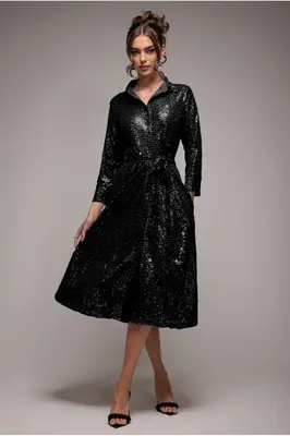 Goddiva Sequin Skater Shirt Dress - Black