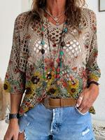 Women's Floral Print Batwing Sleeve Sweater, Boho Casual Hollow Out V Neck Top for Daily Holiday Vacation Wear, Ladies Clothe...