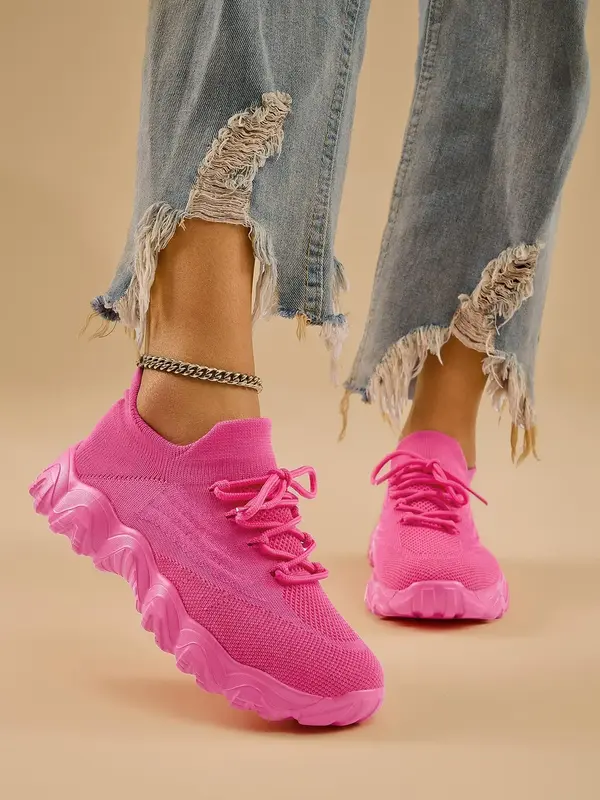 Women's Plain Lace Up Front Platform Sneakers, Casual Comfortable Sports Shoes for Daily Wear, Summer Outfits 2024 Shoes for ...