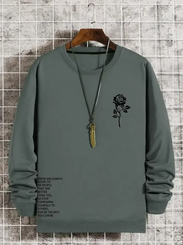 Men's Floral & Slogan Print Round Neck Sweatshirt, Regular Fit Crew Neck Long Sleeve Pullover for Casual Wear, Fashion Men's ...