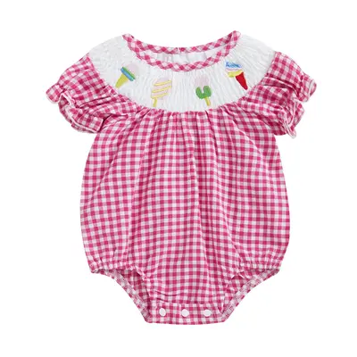 Toddler Baby Girl Plaid Smocked Romper Ice Cream Embroidery Short Puff Sleeve Onesie Bodysuit Outfits Cotton Linen Tops #Spri...