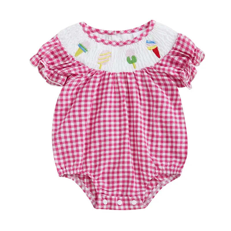 Toddler Baby Girl Plaid Smocked Romper Ice Cream Embroidery Short Puff Sleeve Onesie Bodysuit Outfits Cotton Linen Tops #Spri...