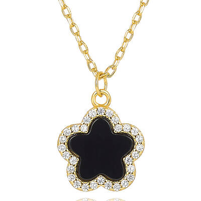 S925 Silver Dyed & Heated Black Agate Flower Pendant Necklaces