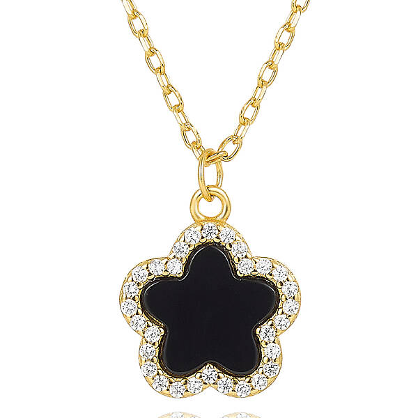 S925 Silver Dyed & Heated Black Agate Flower Pendant Necklaces