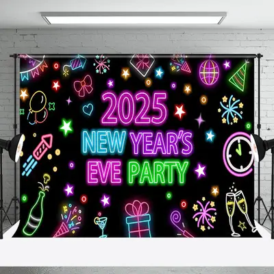 Aperturee Colorful Neon Black 2025 New Year Eve Party Backdrop - Aperturee