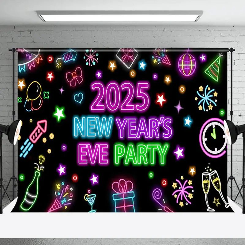 Aperturee Colorful Neon Black 2025 New Year Eve Party Backdrop - Aperturee