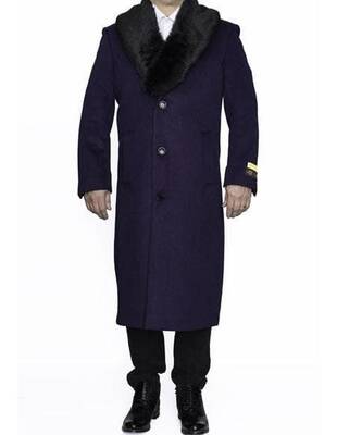 Moscow: PURPLE FULL LENGTH REMOVABLE FUR COLLAR WOOL TOP COAT / OVERCOAT