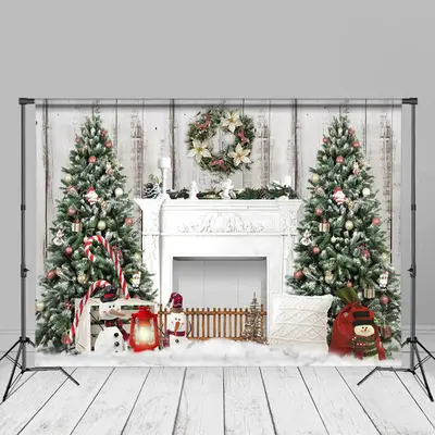 Christmas Tree Wreath Snowman Fireplace Backdrop - Aperturee