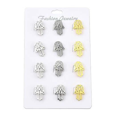12Pcs 3 Colors Hamsa Hand 201 Stainless Steel Brooches for Backpack Clothes